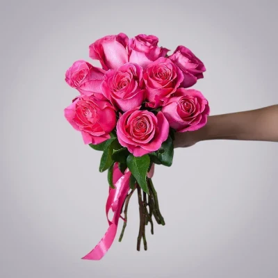 Монобукет из 9 Роз розовых под ленту